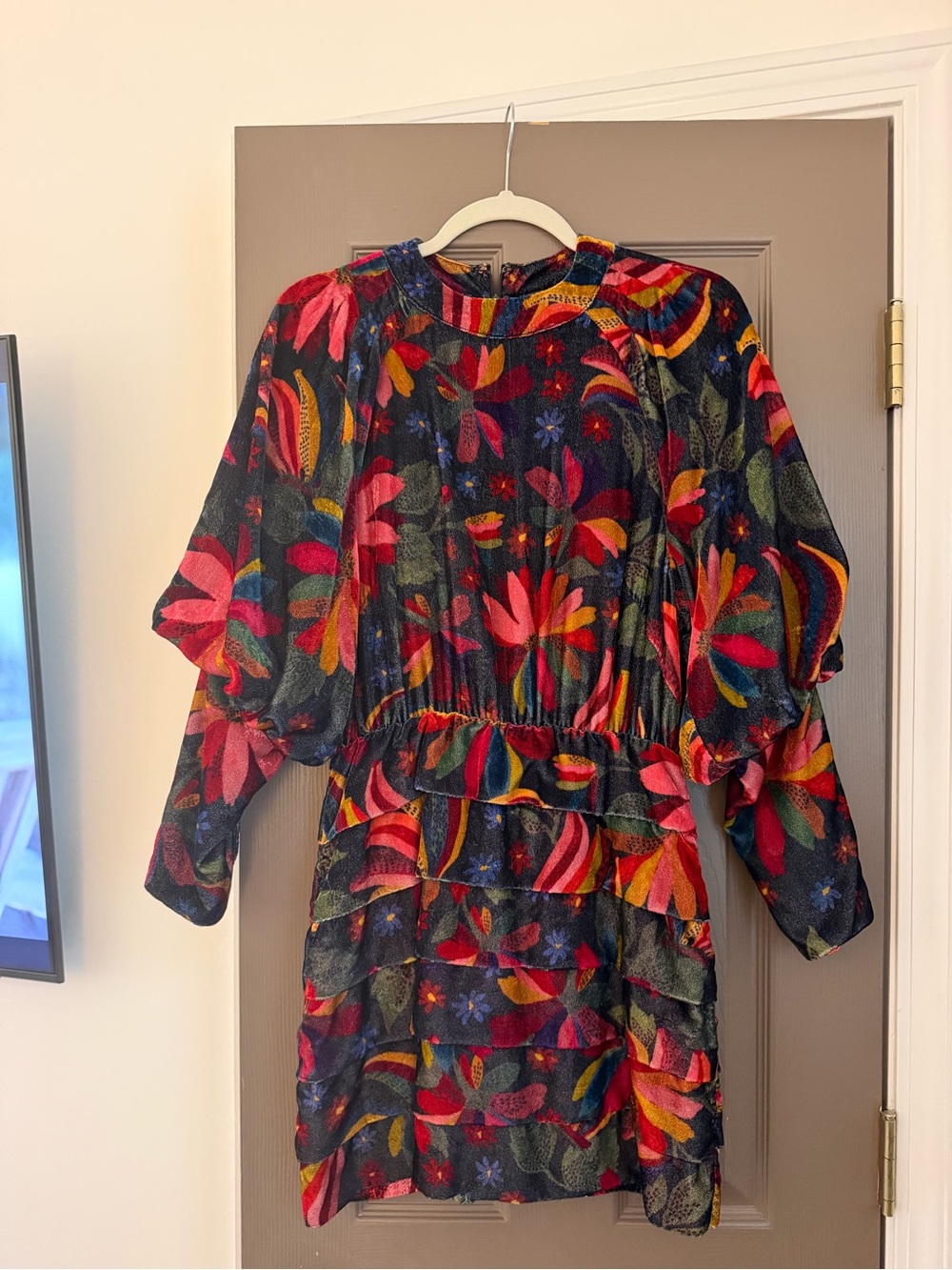 FARM Rio Black Multicolor Floral Tiered Ruffle Dress